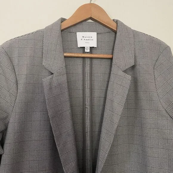 Maison d'Amelie Oversized Blazer XL Plaid Ruched Sleeve Preppy Academia - Picture 2 of 9